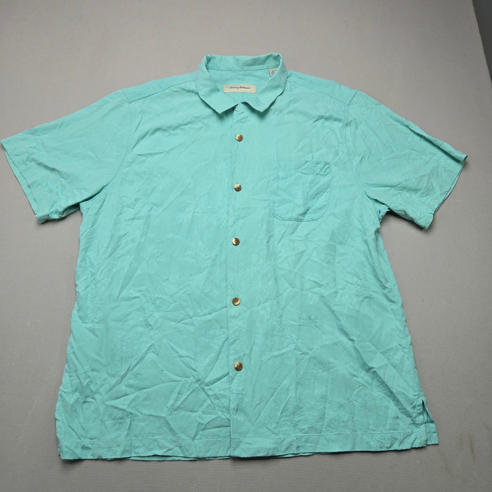 Tommy Bahama Silk Shirt Palm Leaf Jacquard Camp Aqua Green Mens XL